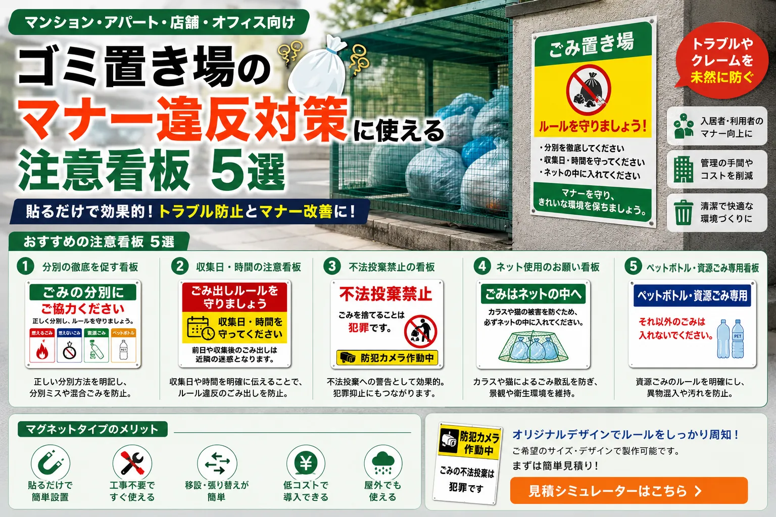 ゴミ置き場のマナー違反対策に使える注意看板5選|マンション・アパート管理のトラブル防止に