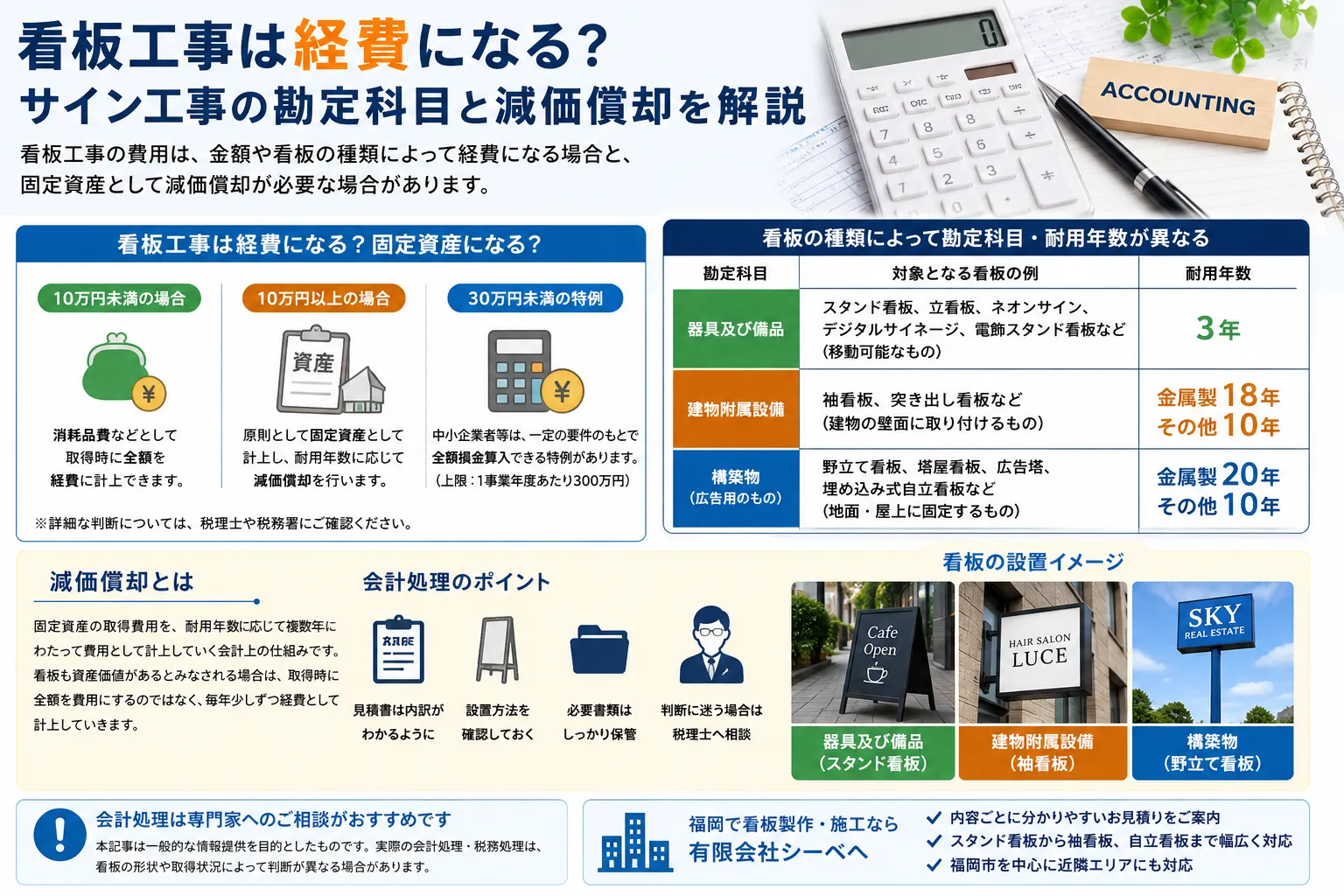 看板工事は経費になる?サイン工事の勘定科目と減価償却を解説